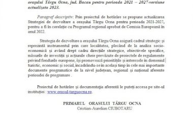 ANUNT proiect de hotarare Strategia de dezvoltare a orasului Targu Ocna, jud. Bacau pentru perioada 2021 – 2027-versiune actualizata 2023