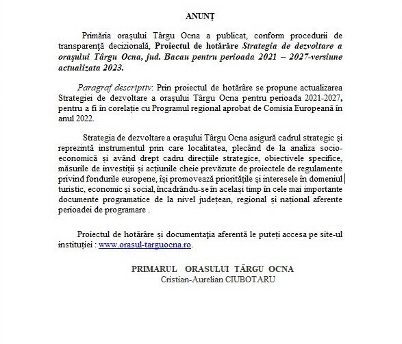 ANUNT proiect de hotarare Strategia de dezvoltare a orasului Targu Ocna, jud. Bacau pentru perioada 2021 – 2027-versiune actualizata 2023